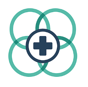 Ikonka štyroch prepojených kruhov s medicínskym krížom – symbol tímovej spolupráce odborníkov.